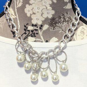Vintage HUGE Statement Chunky Necklace w/ Silver Tone & Faux Pearls!